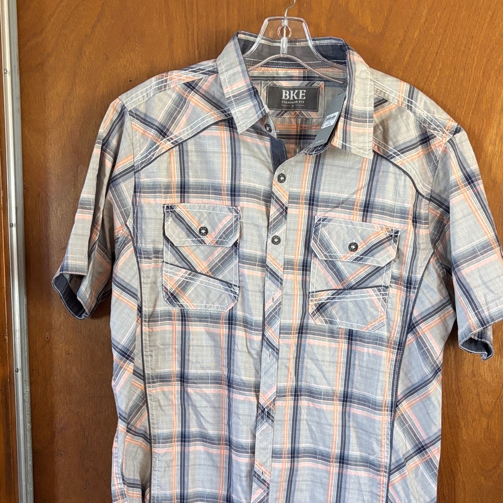 BKE Men’s Short Sleeve Plaid Button-Down - Gray, Navy & Peach